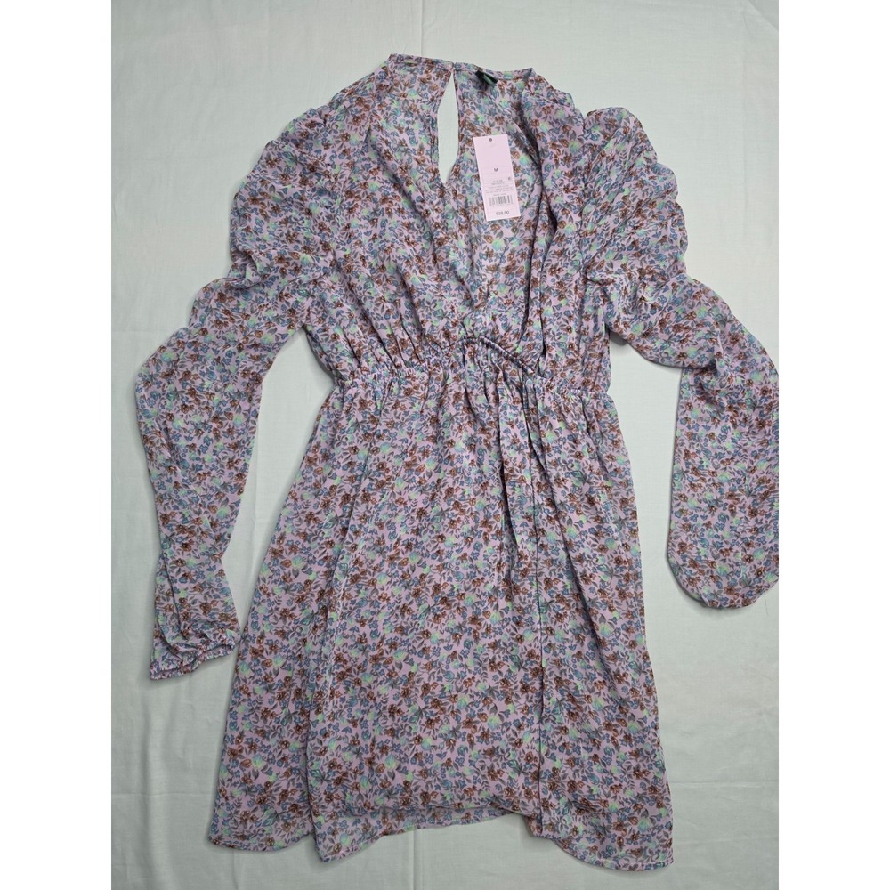 Wild Fable Mini Dress Women's Medium Multicolor Floral Deep V-Neck Puff Sleeve